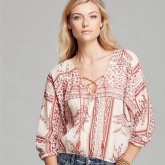 Free People Yo Yo Geo Lace Up Peasant Top size M - Picture 1 of 7
